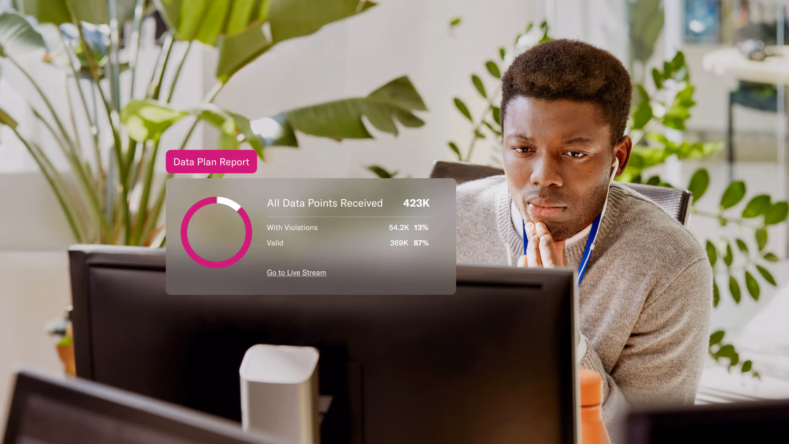Man with earbuds intently looking at a computer screen displaying a data plan report with 423K data points and a pie chart.