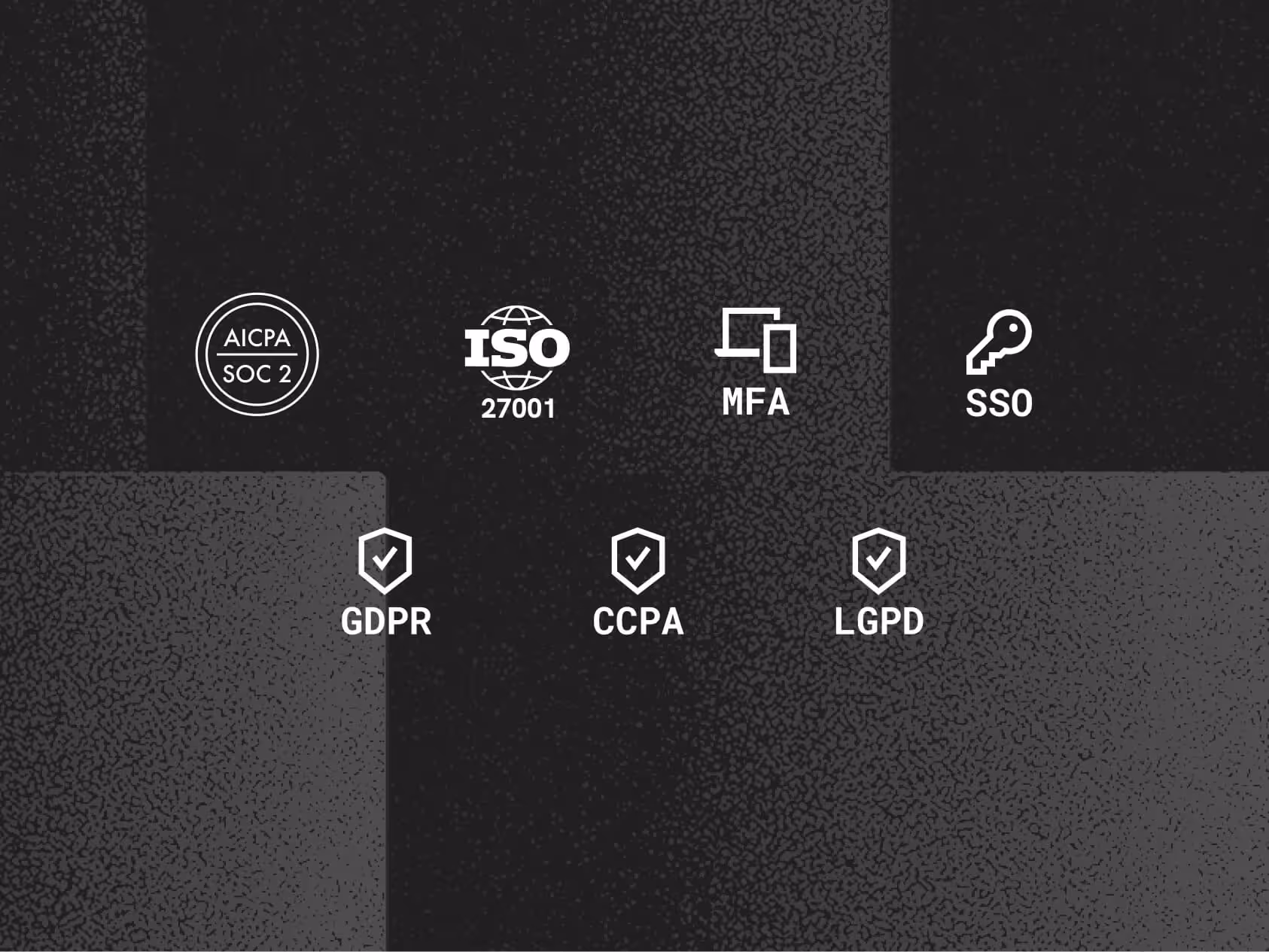 Icons representing security and compliance standards including AICPA SOC 2, ISO 27001, MFA, SSO, GDPR, CCPA, and LGPD on a black textured background.