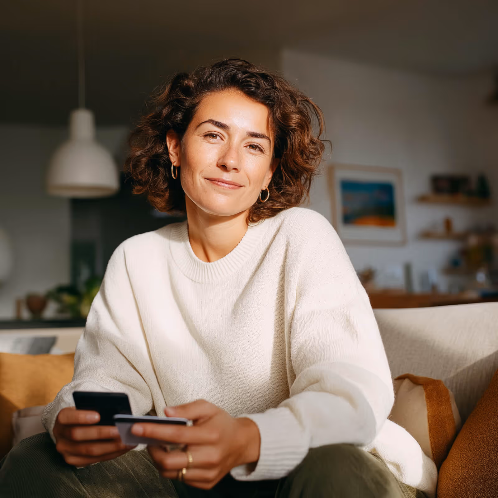 Smiling woman in white sweater holding a smartphone and credit card while sitting on a couch.