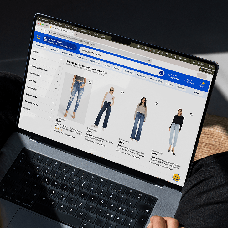 Laptop screen showing Walmart website with search results for Kancan jeans for women.