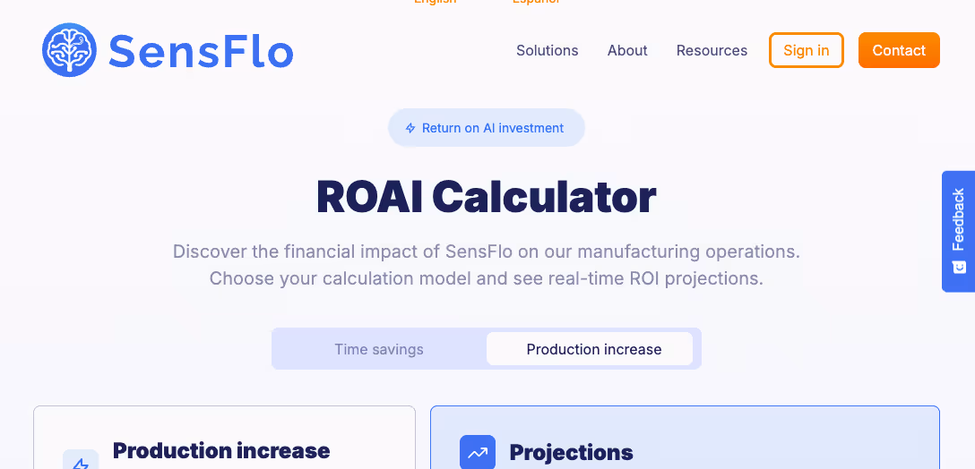 Página web de Calculadora ROAI SensFlo que muestra entradas de ahorro de tiempo con deslizadores para número de máquinas y semanas de trabajo, y mucho más.