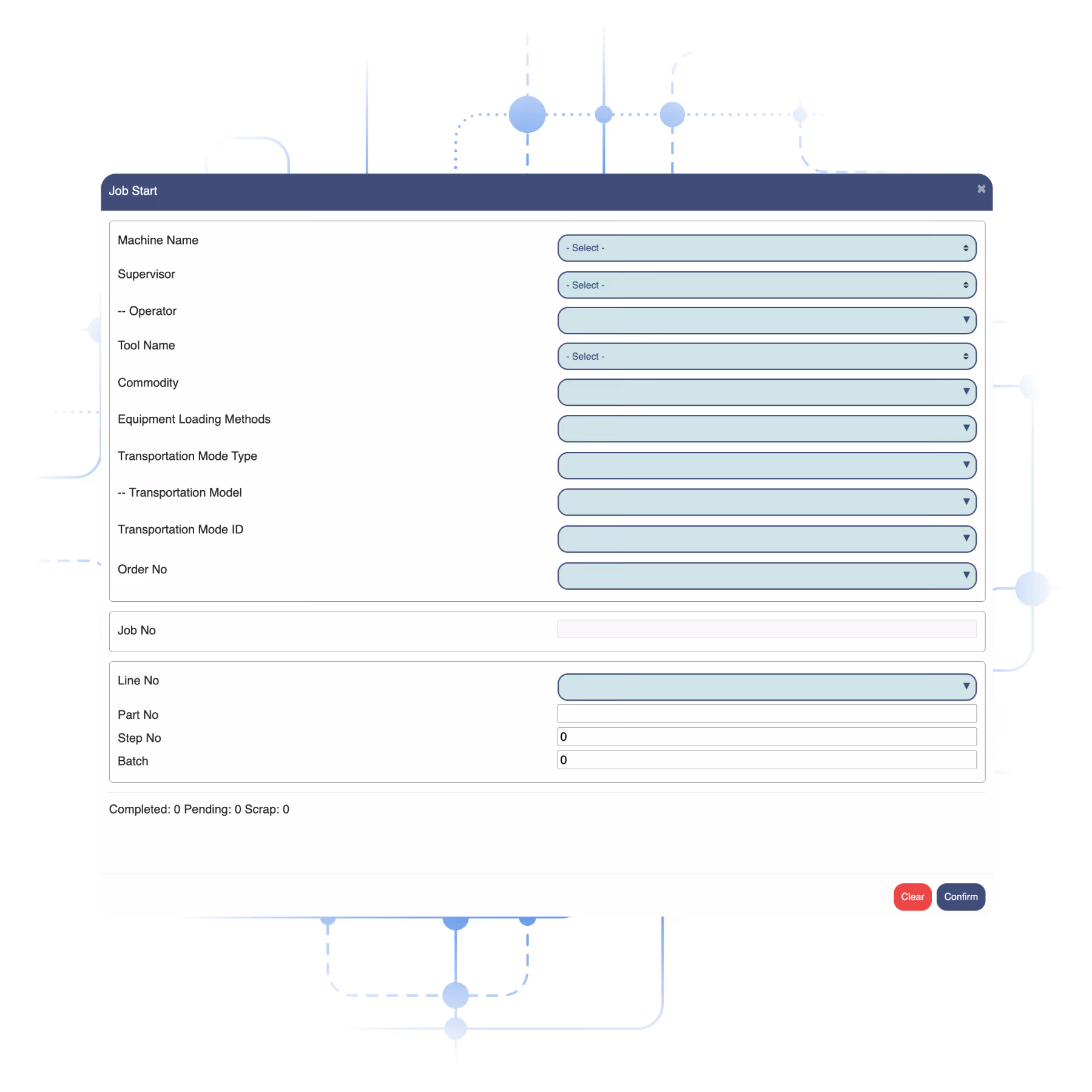 Interfaz del formulario de inicio del trabajo con campos para nombre de máquina, supervisor, operador, nombre de herramienta, mercancía, métodos de carga del equipo, modo de transporte, número de pedido, número de trabajo, número de línea, número de pieza, número de paso y lote, además de los botones Borrar y Confirmar.