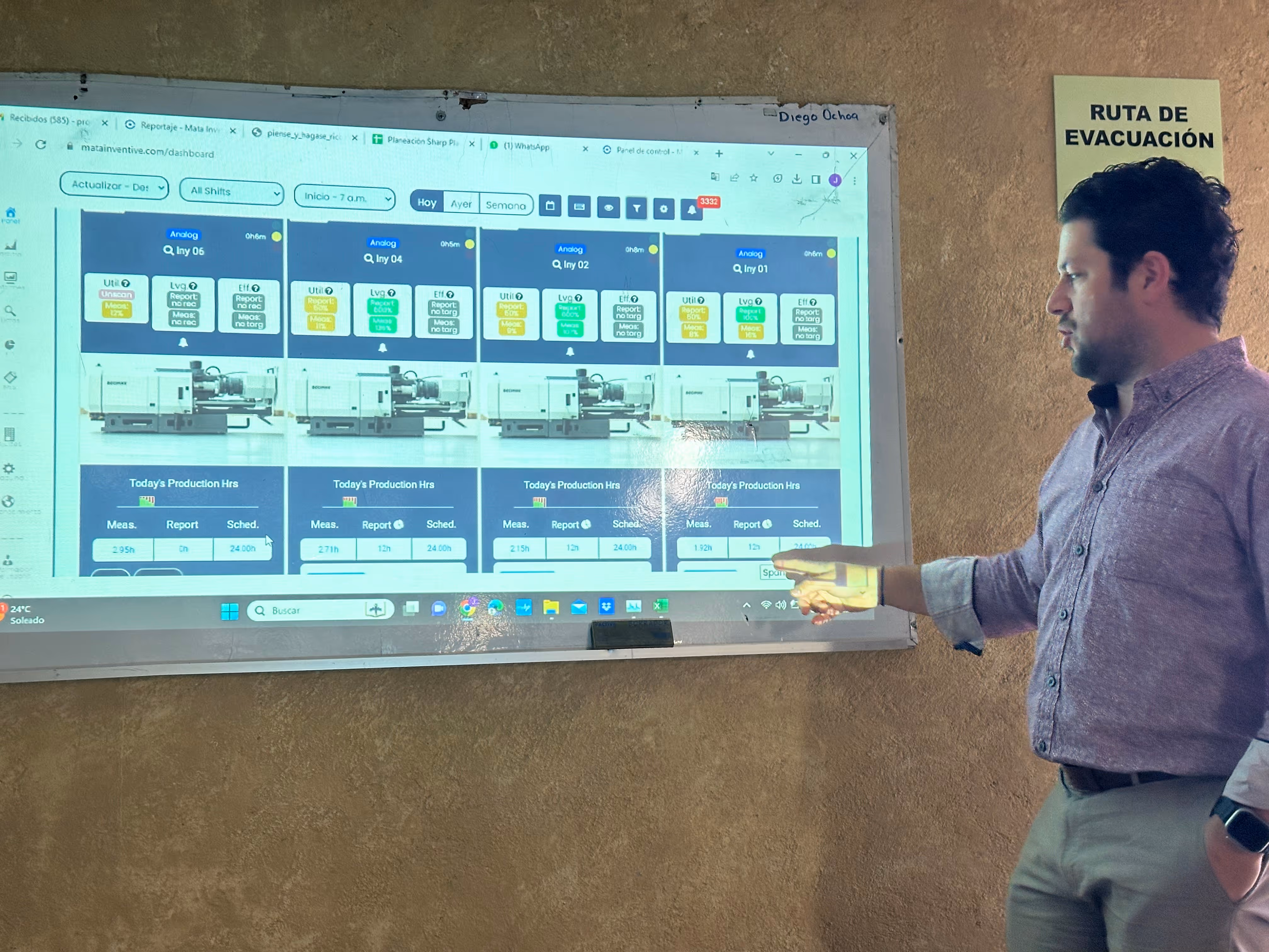 Ari standing in front of a projector, showing the FloControl™ system