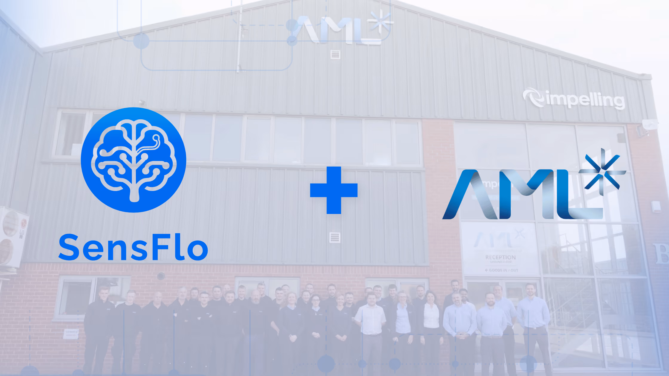 SensFlo and AML Sheffield logos over the company facility, highlighting about £15,000 in annual electricity savings from machine-level monitoring.