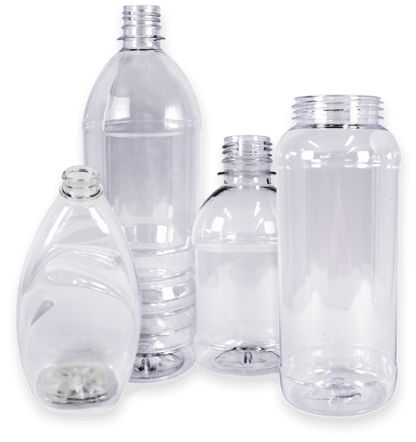 Assortment of clear plastic bottles and containers in multiple shapes and sizes for product packaging.