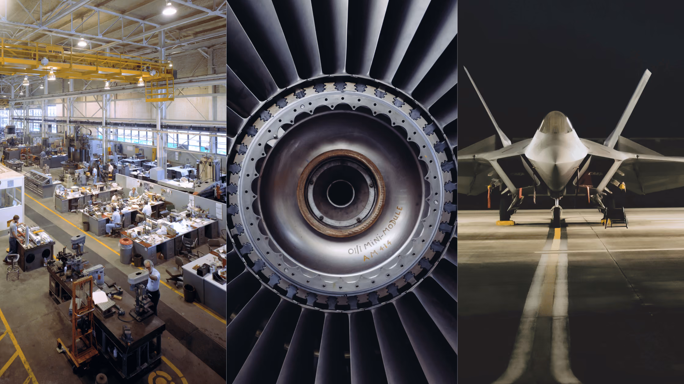 Aerospace and defense manufacturing collage showing a production facility, aircraft turbine engine, and military aircraft.