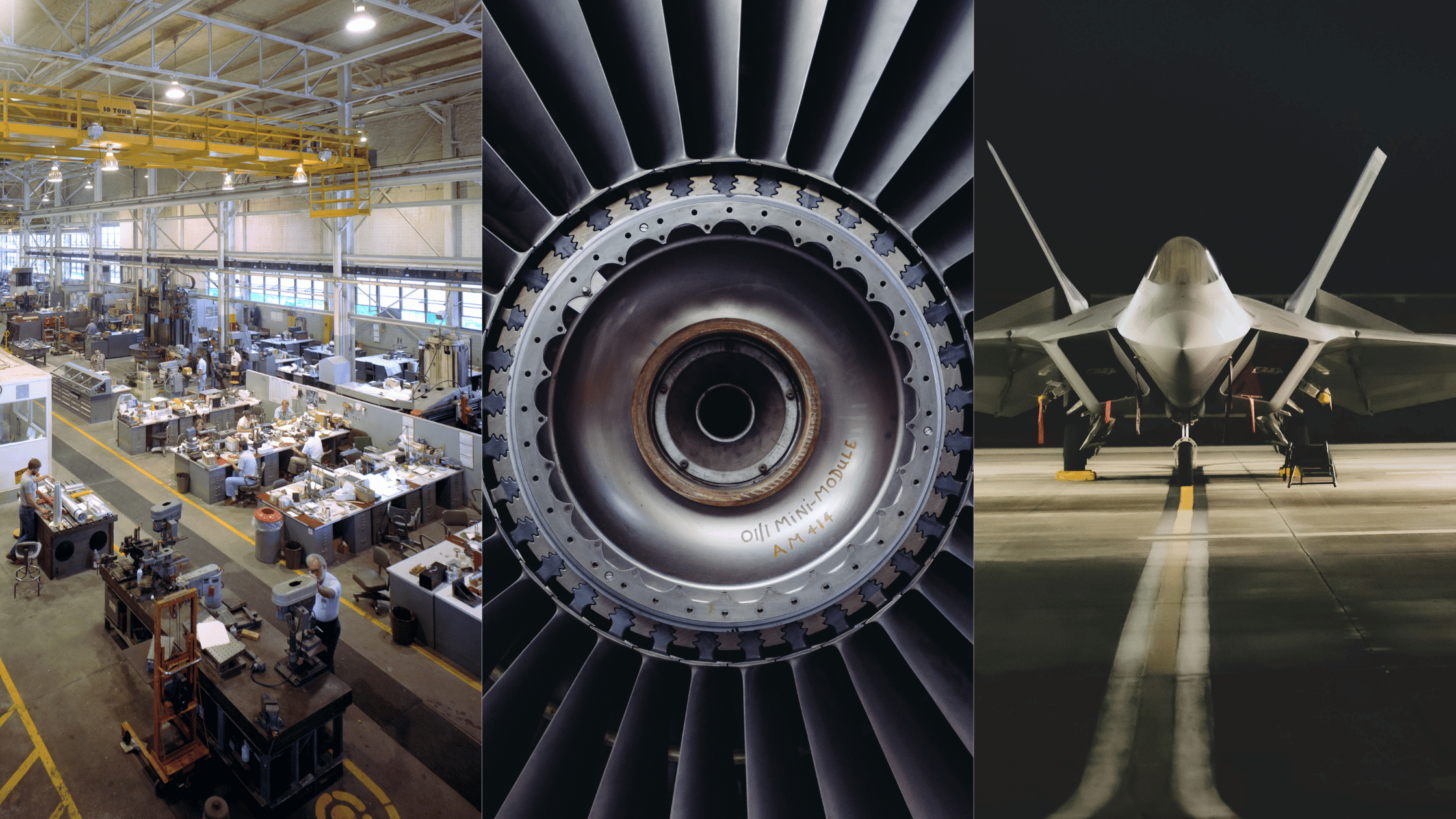 Aerospace and defense manufacturing collage showing a production facility, aircraft turbine engine, and military aircraft.