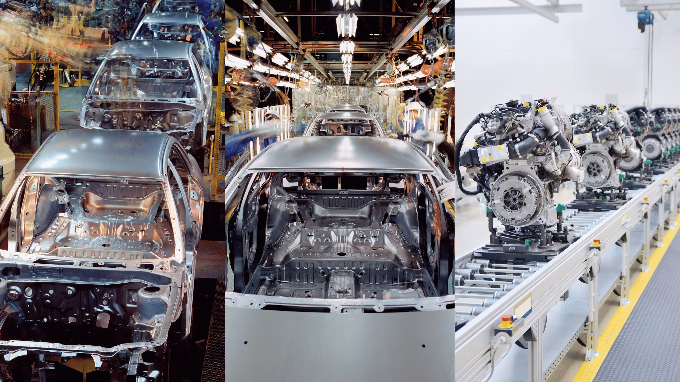 Automotive manufacturing collage showing vehicle bodies on production lines and engines moving through an assembly process.