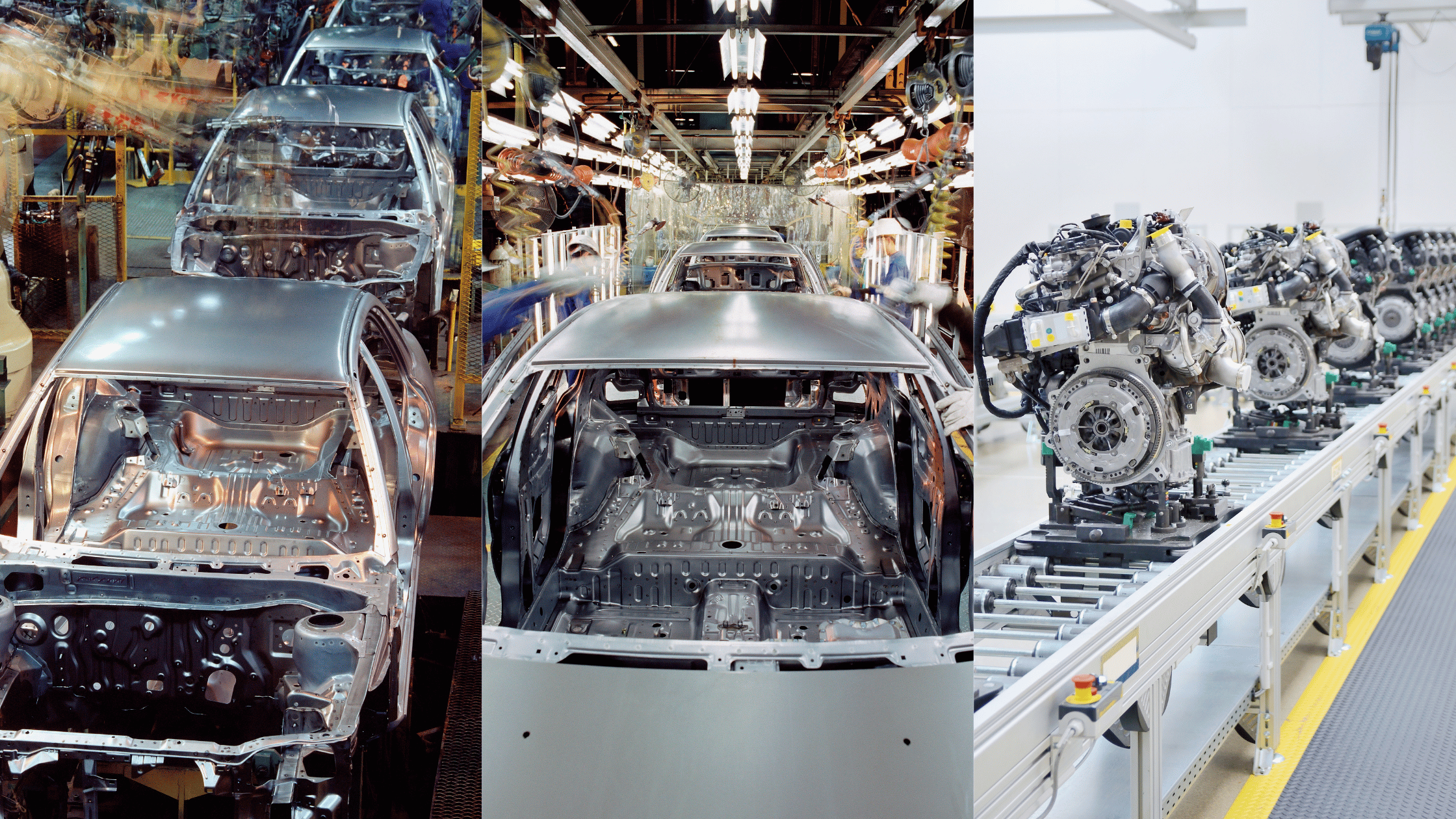 Automotive manufacturing collage showing vehicle bodies on production lines and engines moving through an assembly process.