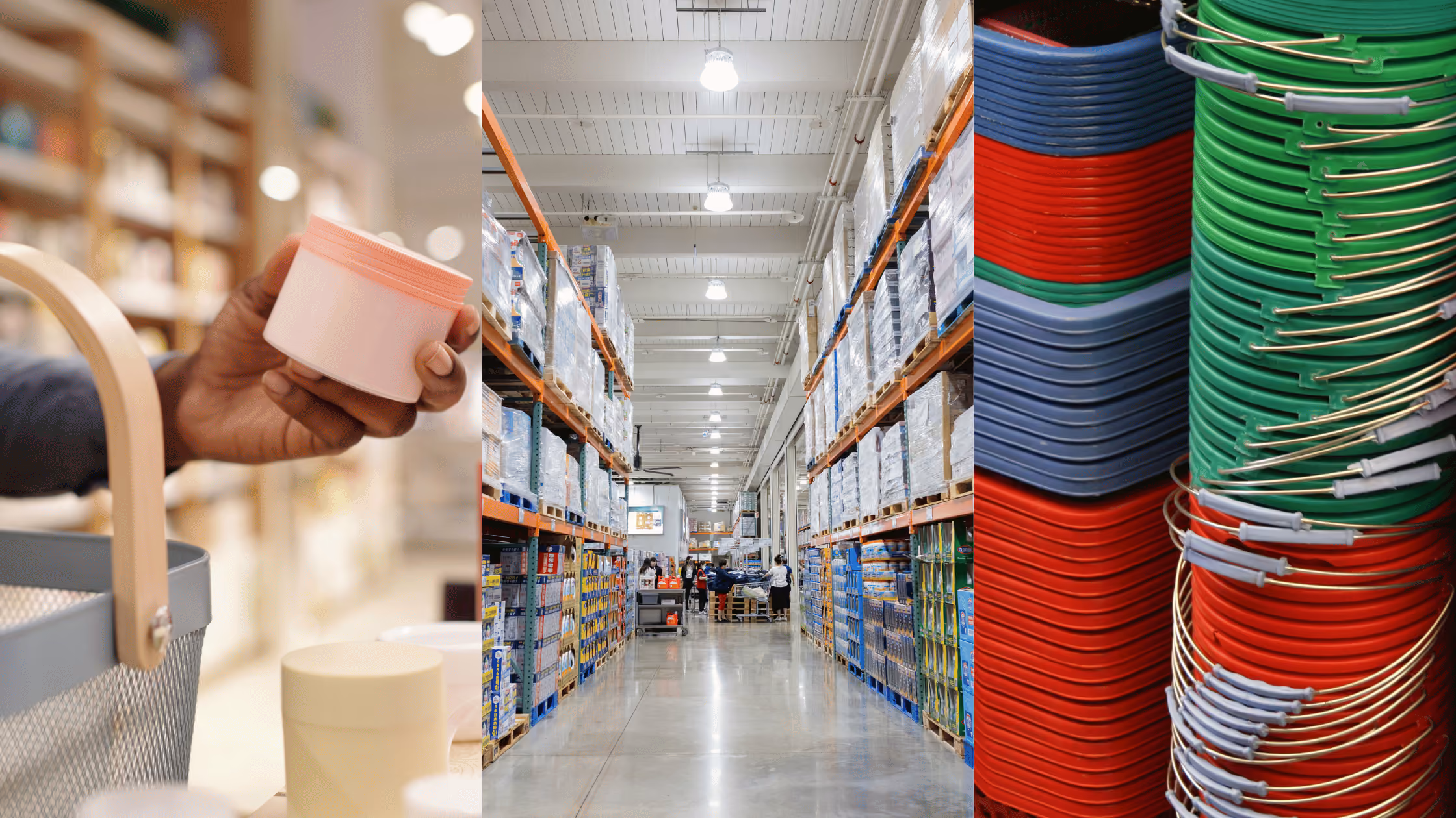 Consumer goods manufacturing collage showing product packaging, warehouse inventory, and stacks of molded plastic baskets.