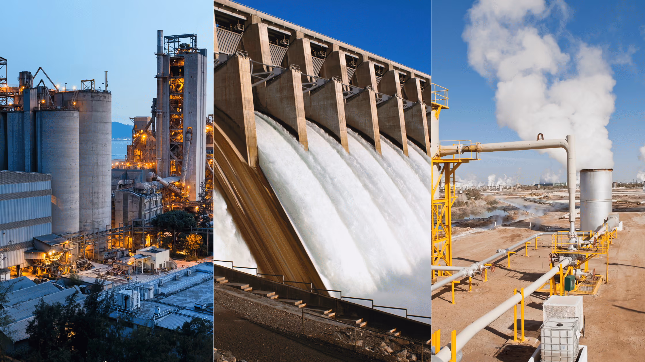Energy and industrial manufacturing collage showing an industrial processing facility, hydroelectric dam, and energy production equipment.