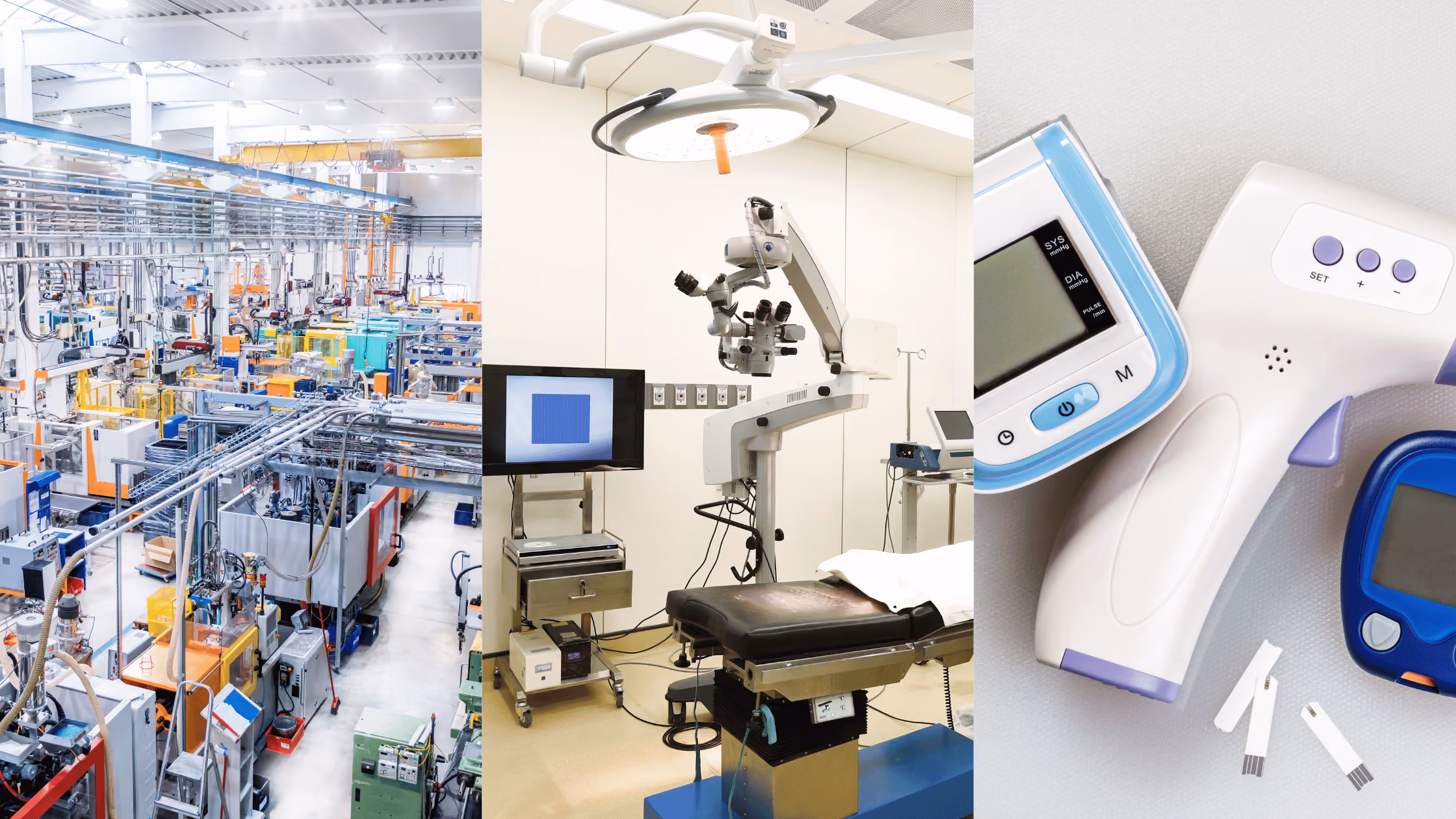 Collage de manufactura médica con una planta de producción, equipo quirúrgico y dispositivos portátiles de monitoreo médico.