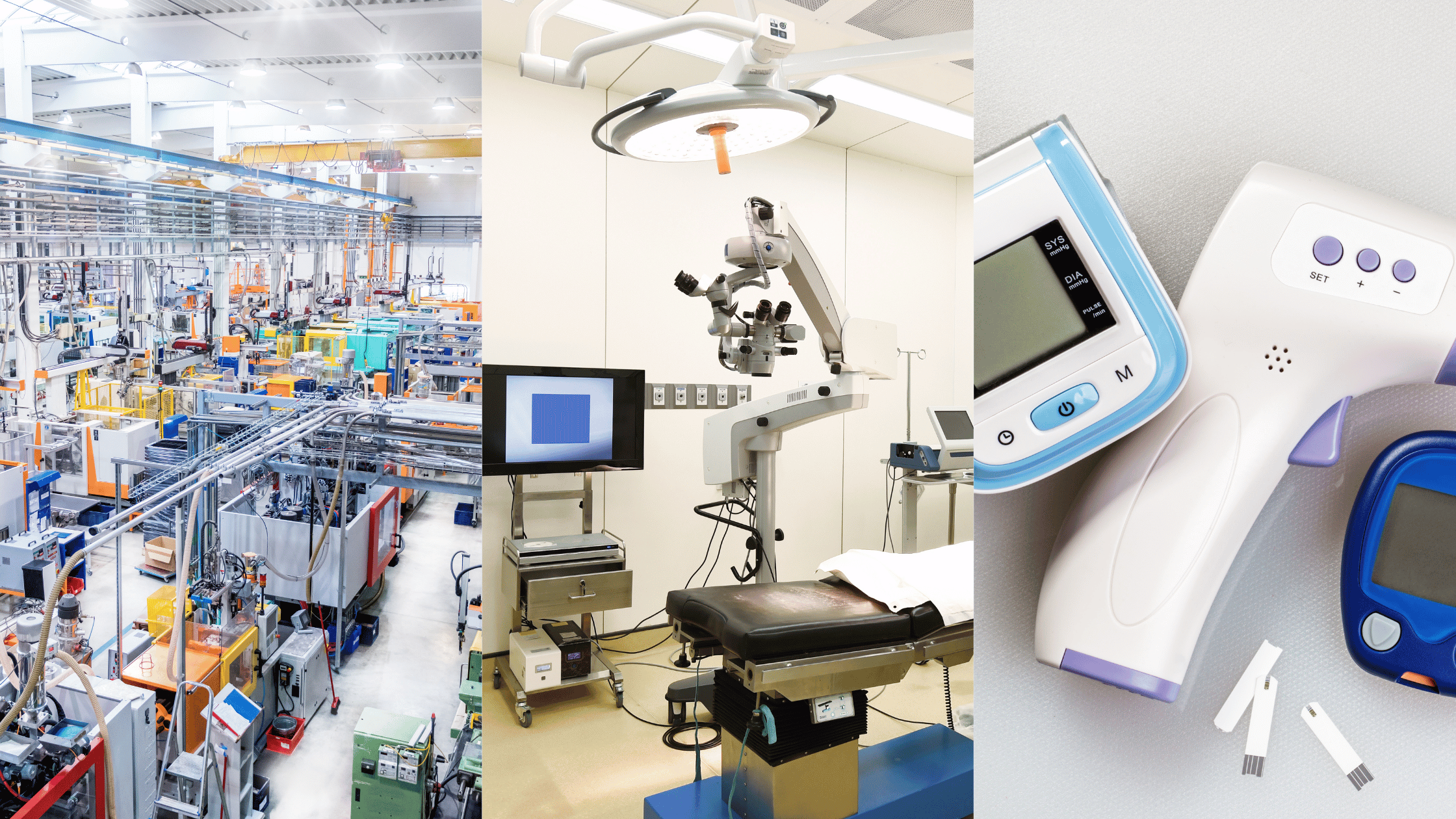 Medical manufacturing collage showing a production facility, surgical equipment, and handheld medical monitoring devices.