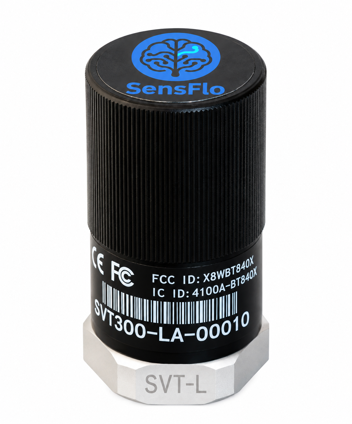 Black SensFlo Lite industrial sensor with ribbed housing and mounting base, used for wireless machine monitoring on factory equipment.