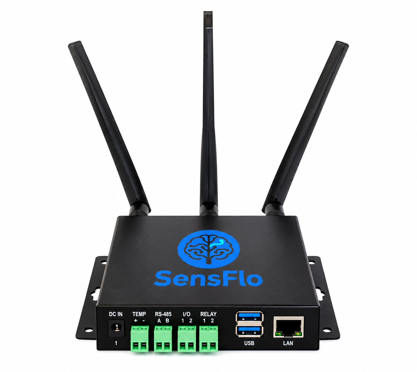 SensFlo edge gateway with three antennas, USB and LAN ports, and industrial I/O connections for transmitting machine sensor data to the cloud.