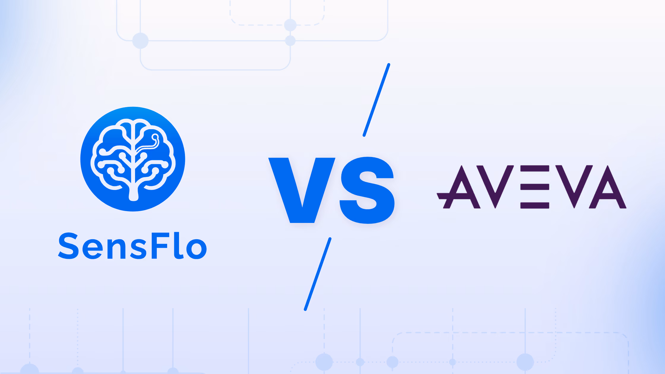 SensFlo vs AVEVA comparison graphic for machine monitoring, OEE, and AI powered manufacturing analytics.