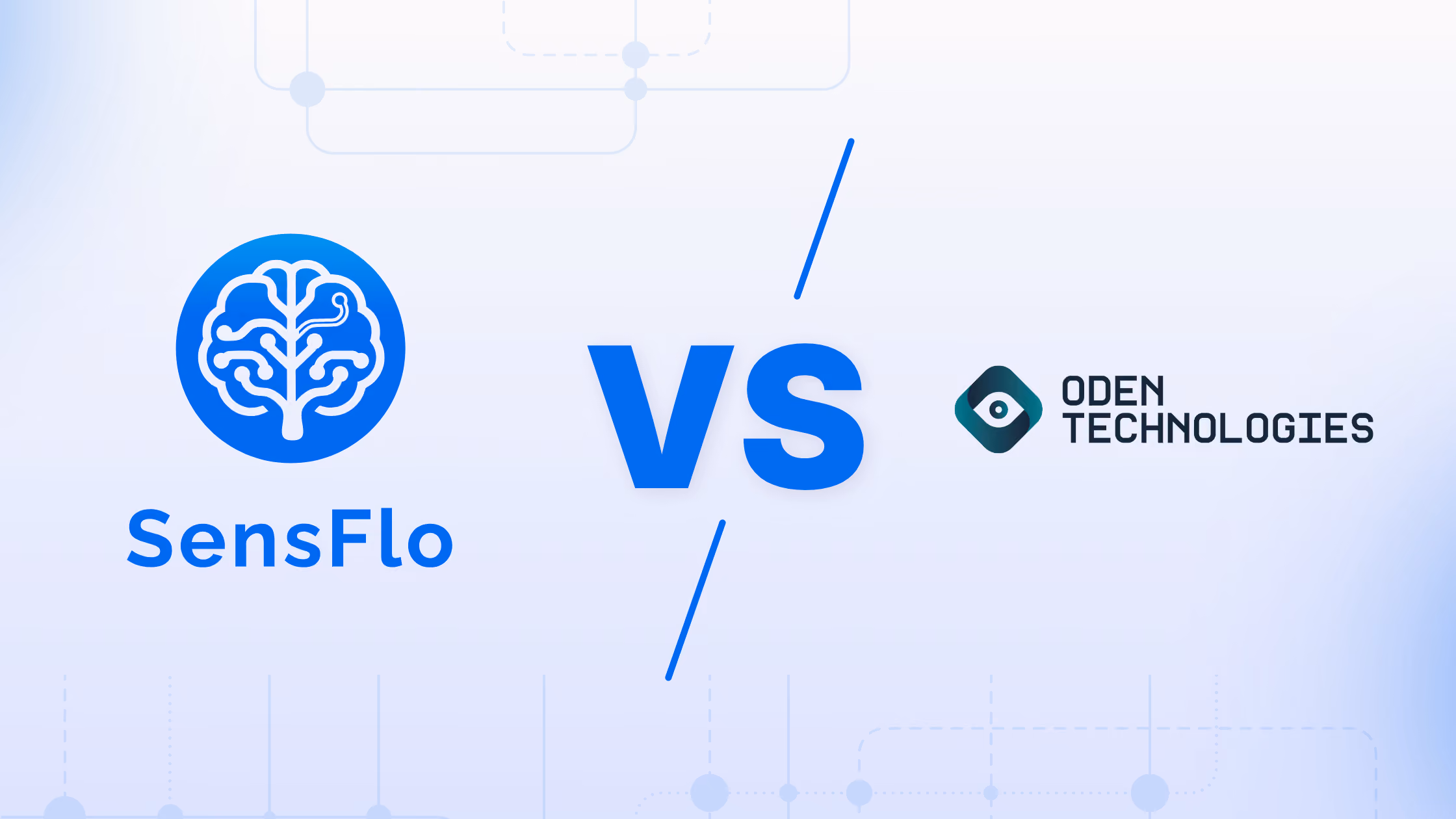 SensFlo vs Oden Technologies comparison graphic for manufacturing AI, production analytics, and return on investment.