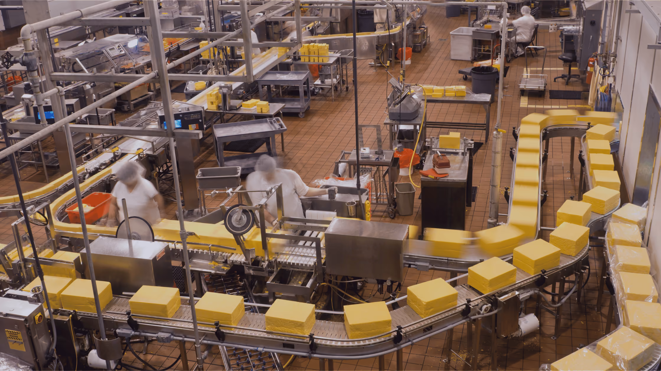 Food manufacturing production line with automated conveyors and workers monitoring equipment for downtime tracking and production performance.