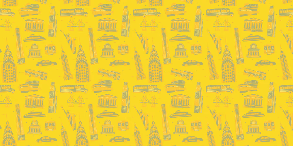 Yellow background with repeated illustrations of New York City landmarks and transportation, including the Statue of Liberty, Empire State Building, Chrysler Building, Brooklyn Bridge, taxis, yellow school buses, subway cars, and skyscrapers.