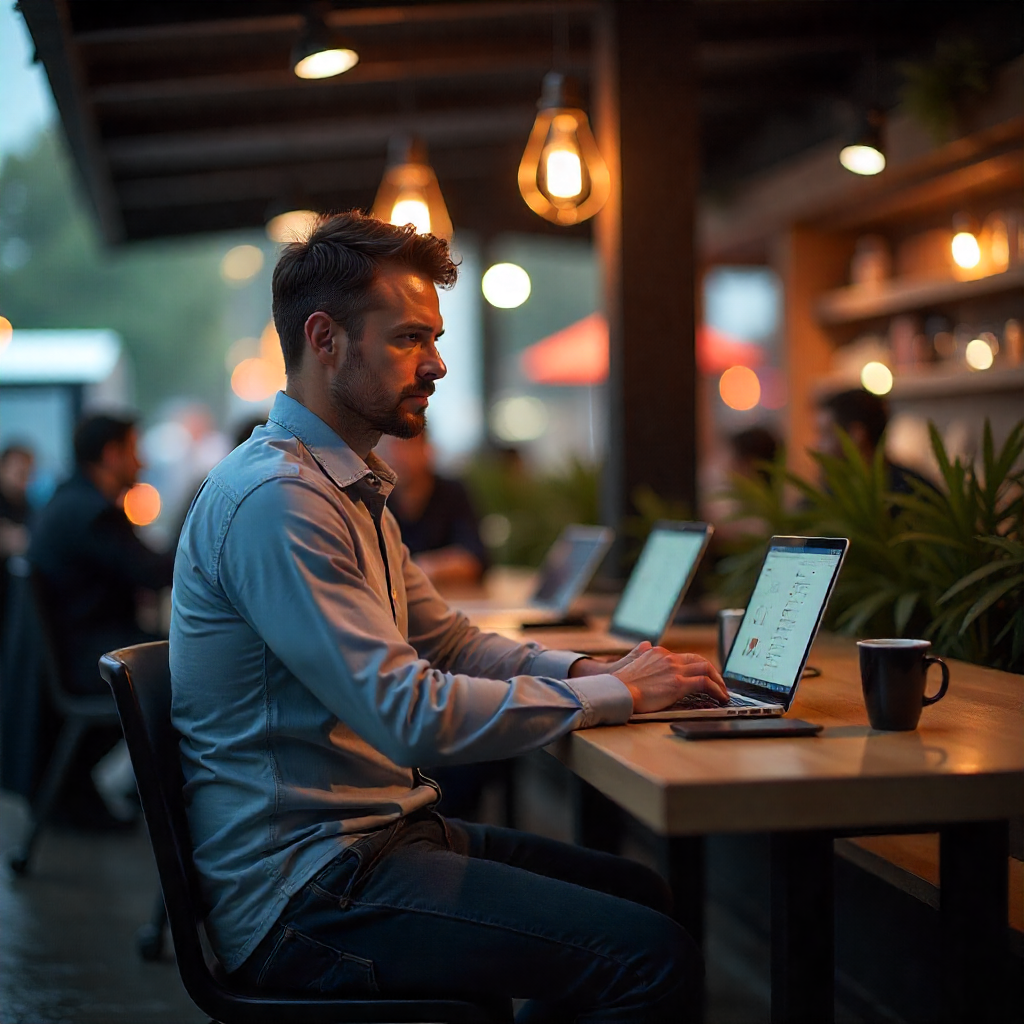 Remote worker focused on laptop in modern café workspace with warm lighting, coffee cup on desk, and cozy interior design.