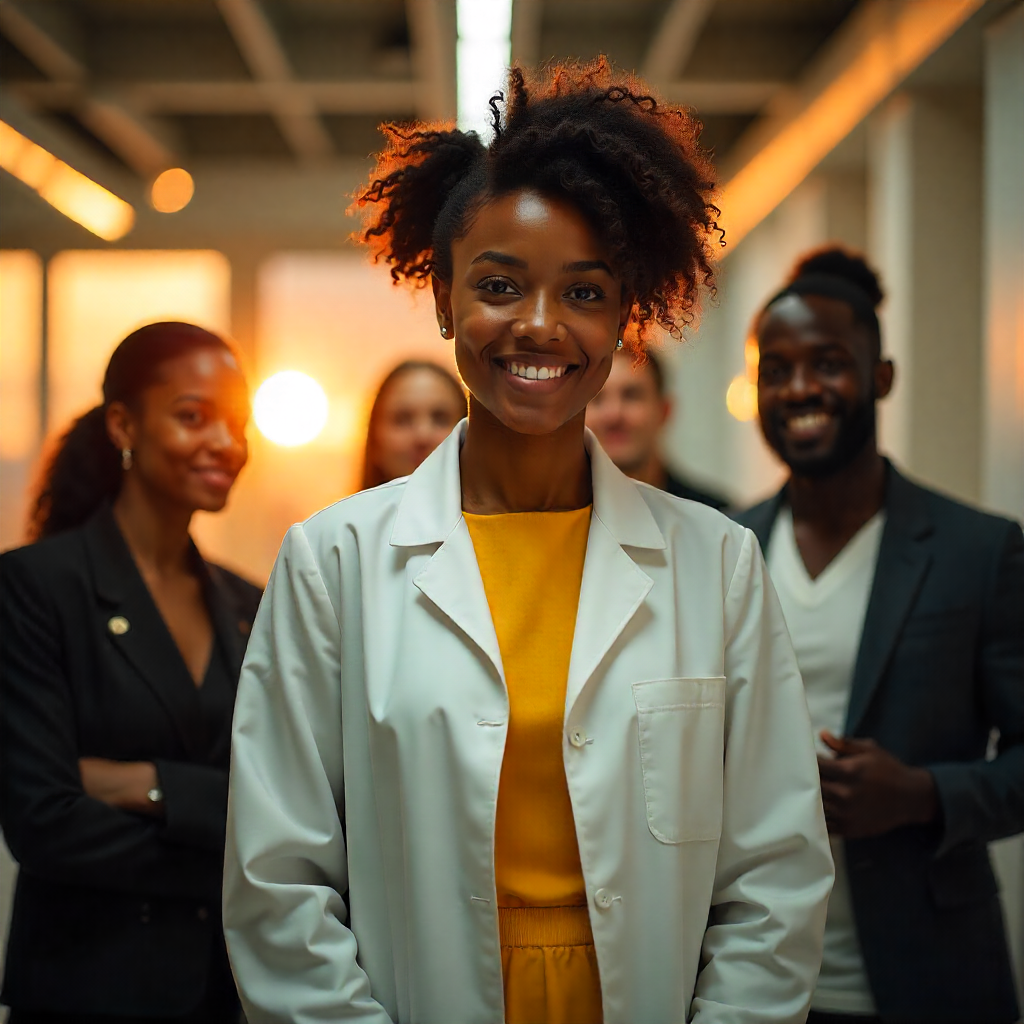 Confident female healthcare professional in white coat smiling with diverse team of colleagues in modern workplace setting.