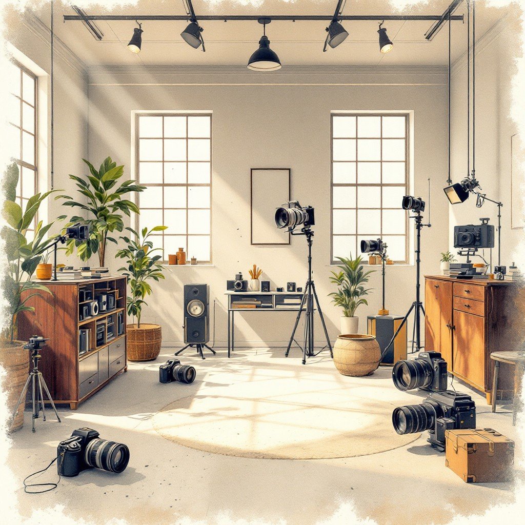 Modern photography studio interior with professional cameras, lighting equipment, and stylish decor plants.