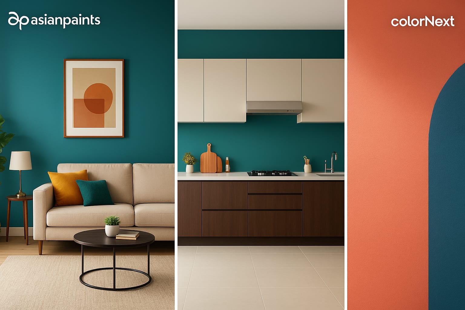 Modern Asian Paints interior showing a stylish living room, Sleek modular kitchen, and ColorNext textured wall.