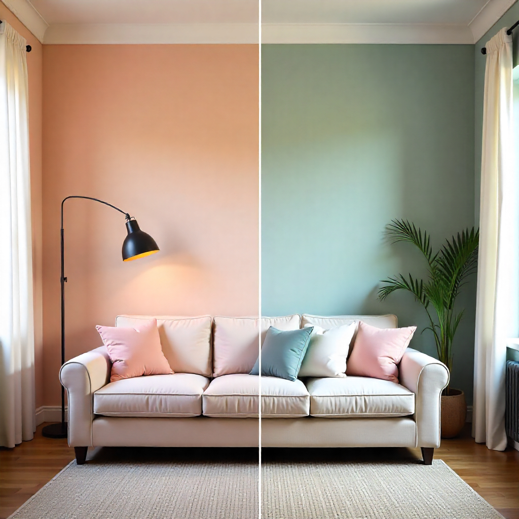 Cozy living room with a sofa, pink and teal cushions, a lamp, plant, and dual-colored walls of Bereger Paints (Ultrawalls)