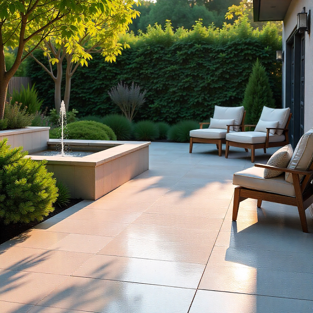 Modern outdoor patio design with stone tiles by Nitco & Johnson Tiles, featuring a water fountain, lush green plants, and stylish wooden chairs with cushions for garden seating.