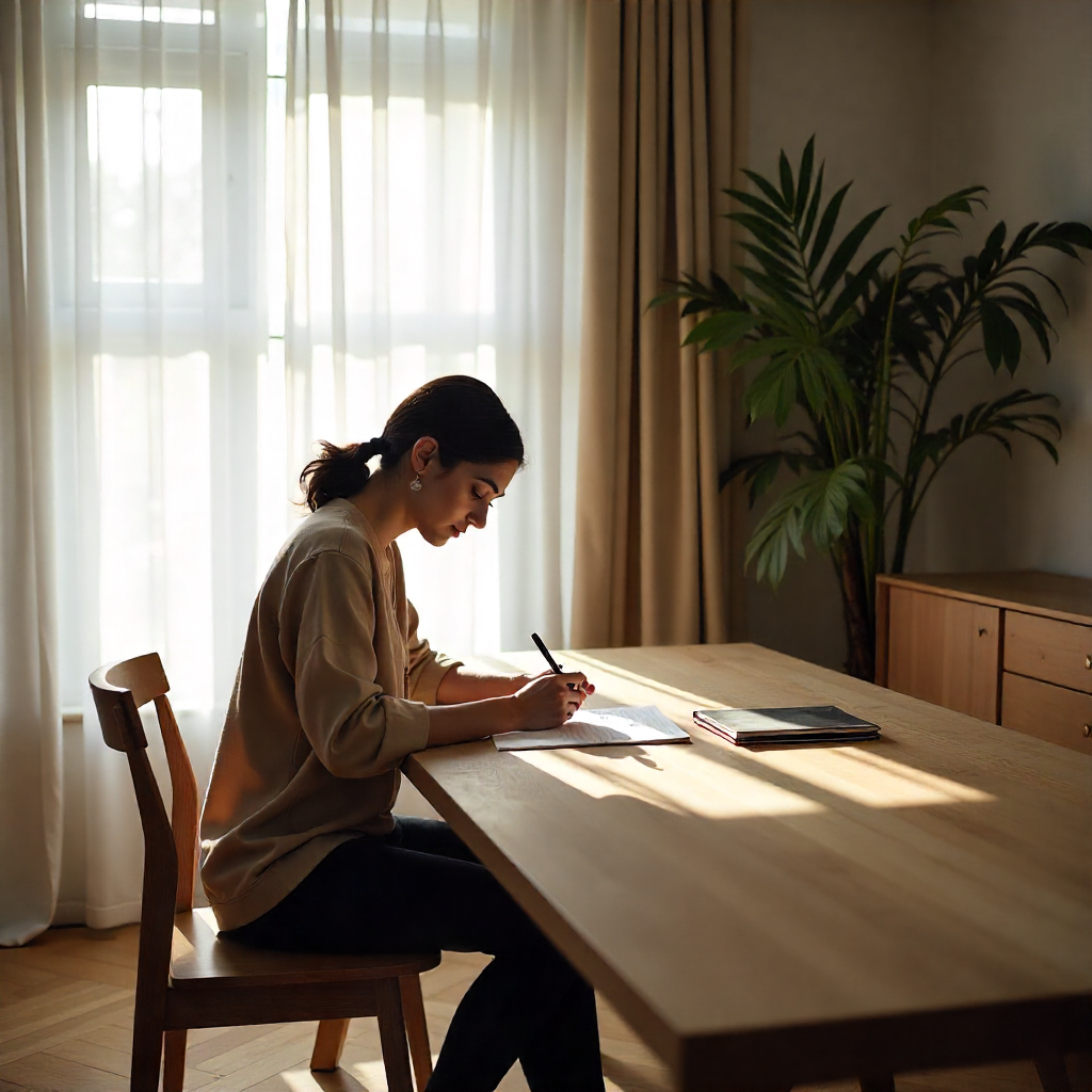 Interior designer working at a wooden desk in a modern home office with natural light, indoor plant, and minimalistic décor – Bombay Design House workspace.