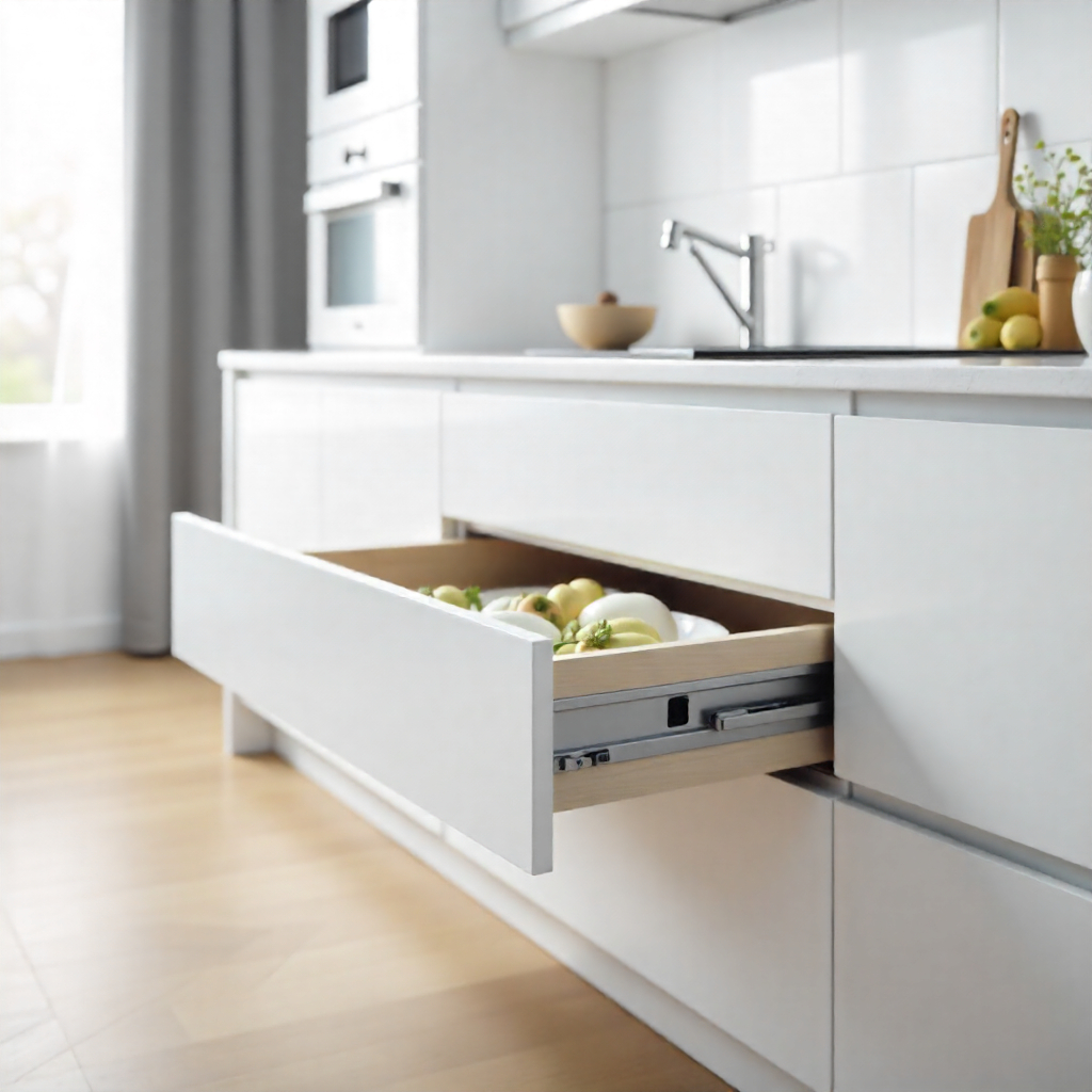 Modern white modular kitchen with Hafele & Hettich pull-out drawer system, sleek cabinetry, and organized storage solution.