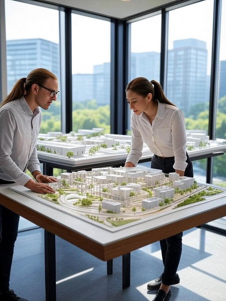 Architects at Morphogenesis studio reviewing a detailed urban planning model with modern building layouts and greenery in a high-rise office.