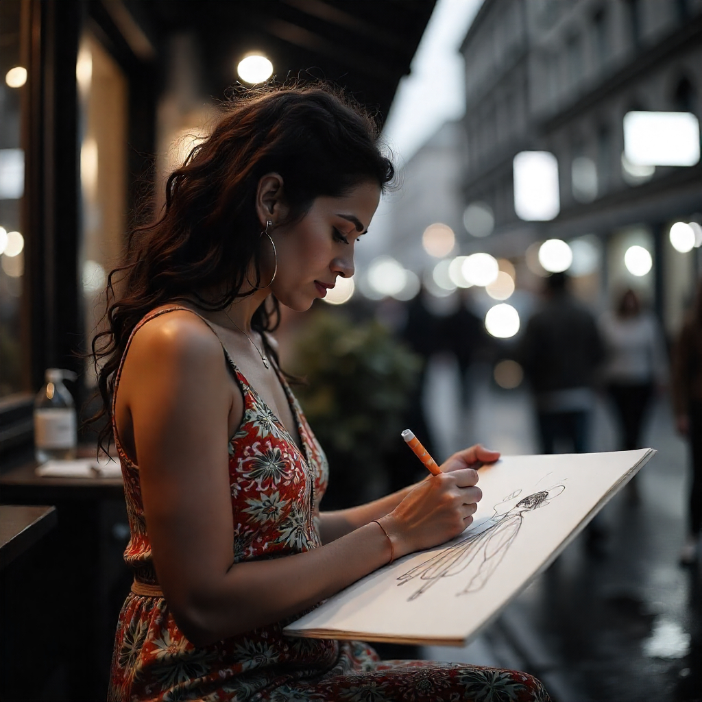 Woman in a colorful dress sketching fashion designs on a large sheet outdoors at night, with blurred city lights in the background.