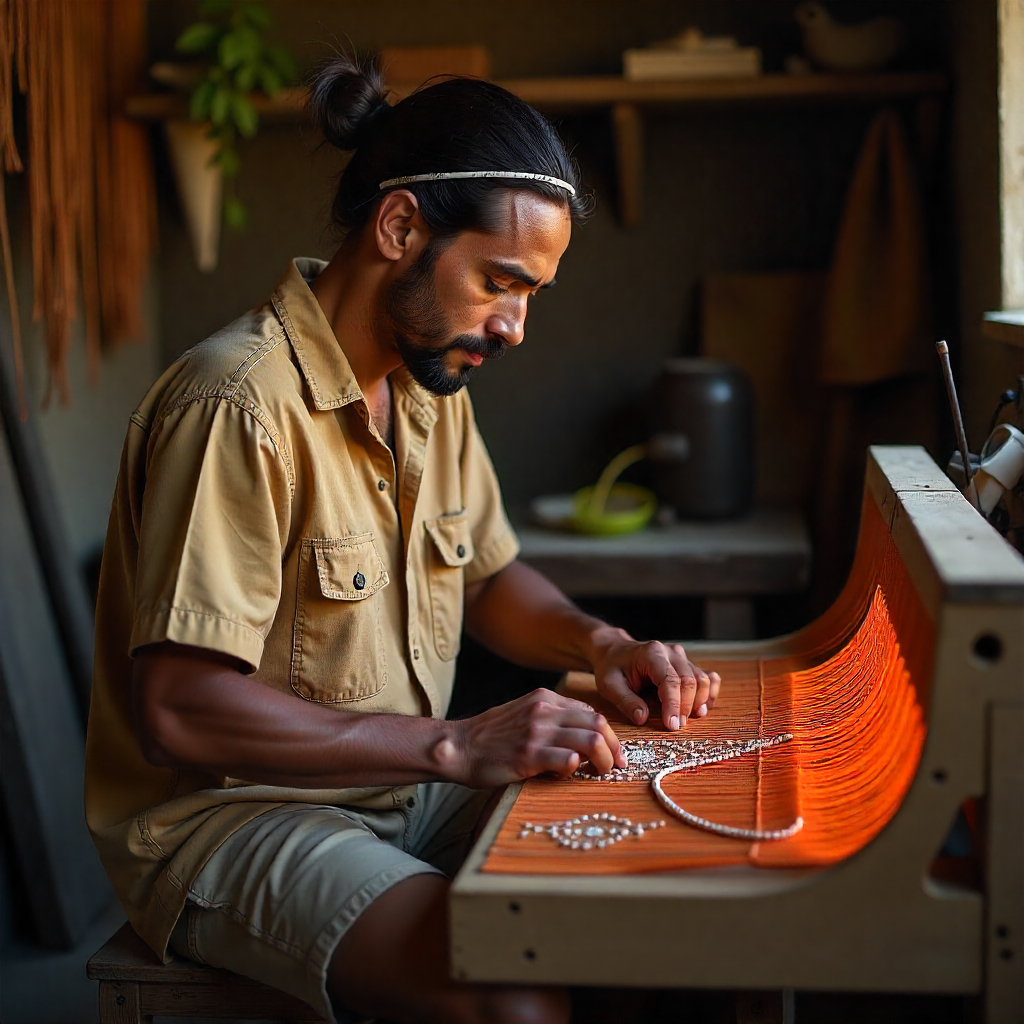 Accessory designer in a beige outfit carefully crafting jewelry by hand at a workstation with beads and tools.