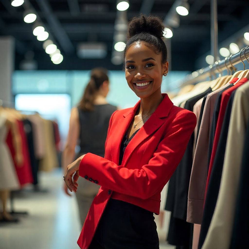 Fashion merchandiser in a red blazer standing in a clothing store, managing apparel displays.