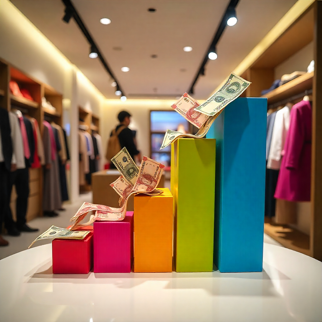Colorful 3D bar chart with currency notes placed on top, displayed in a clothing store setting, symbolizing rising fashion designer salaries.