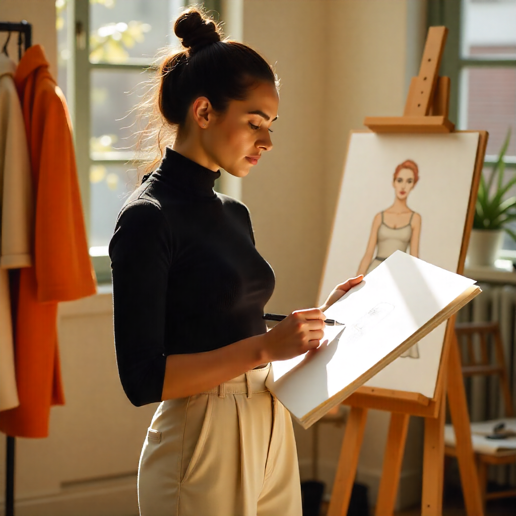 Mid-level fashion designer sketching a clothing design in a studio.