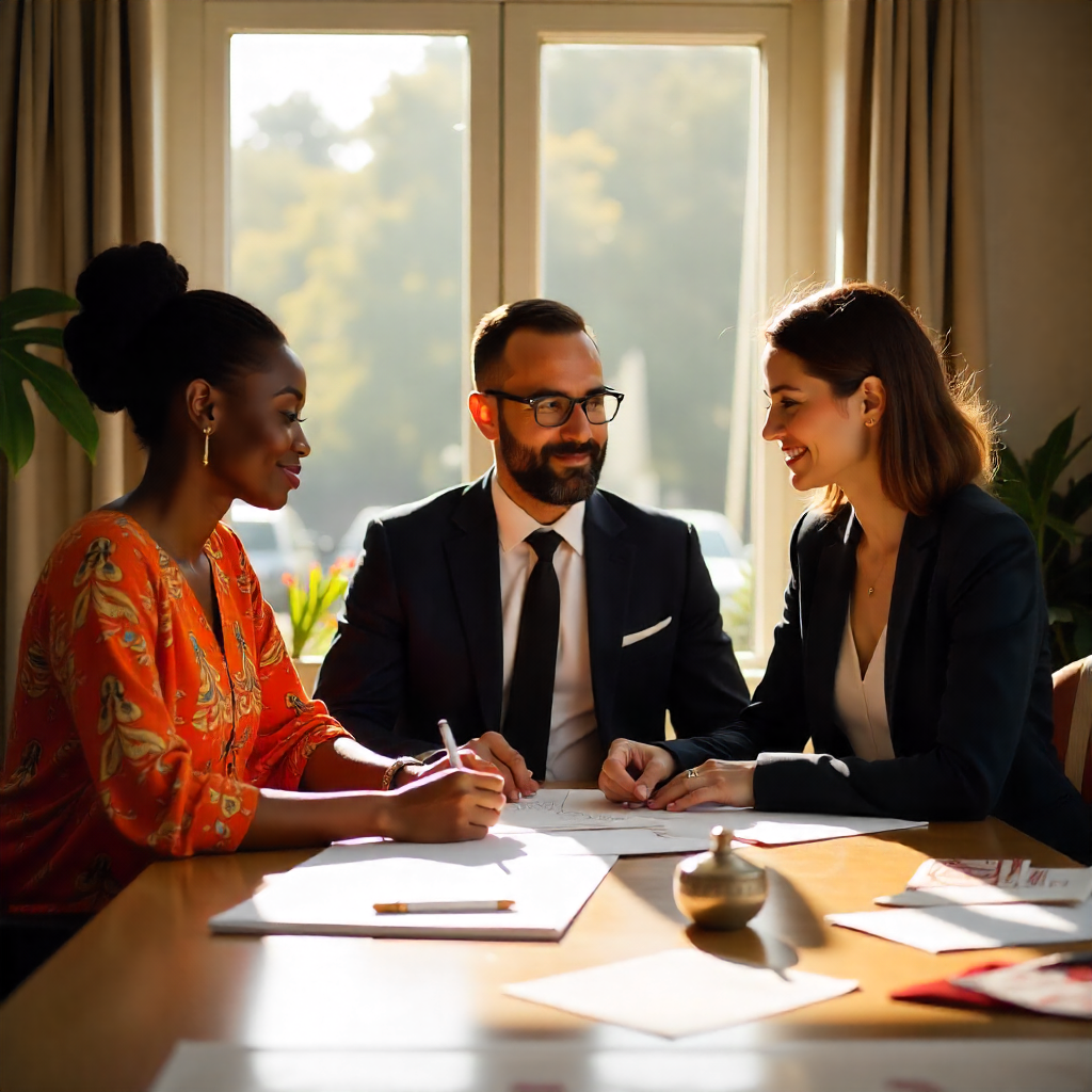 Fashion design entrepreneurs discussing business strategy at a meeting table.