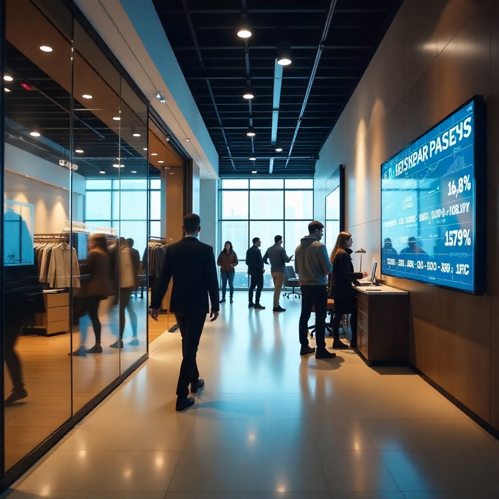People walking inside a modern retail and apparel giant showroom.
