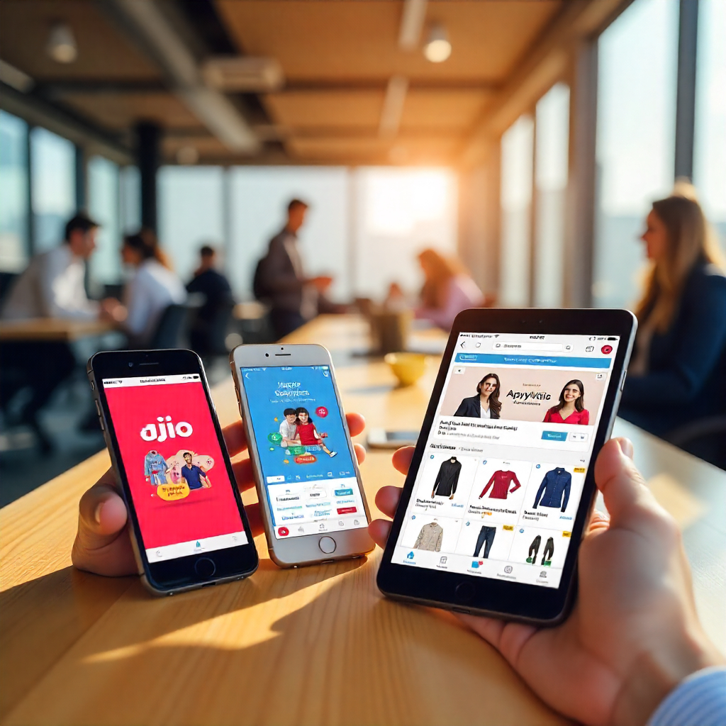 Hands holding smartphones displaying fashion e-commerce apps in a modern office meeting.