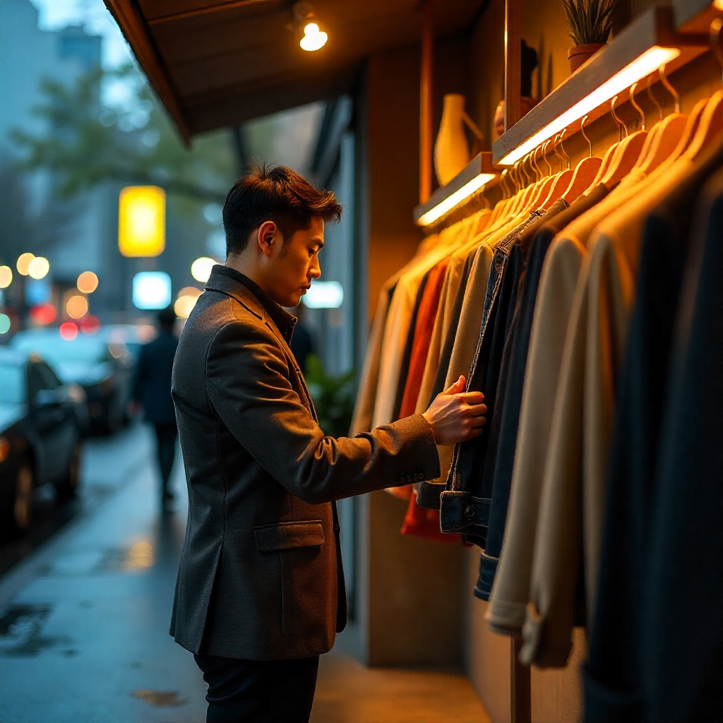 Man browsing clothes at an independent and sustainable fashion label store.