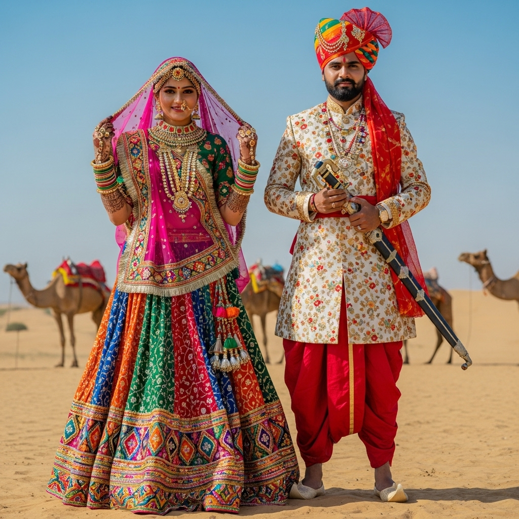 Rajasthani Couple wearing Ghagra Choli & Angrakha