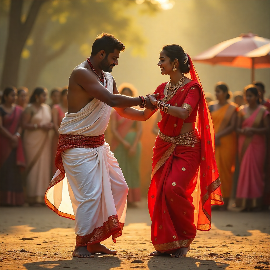 Benagali couple wearing Red Saree & White Dhoti-Punjabi