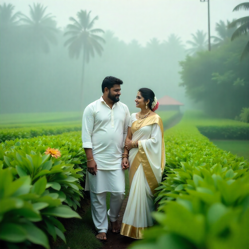 Malyali couple wearing Kasavu Saree & Mundu