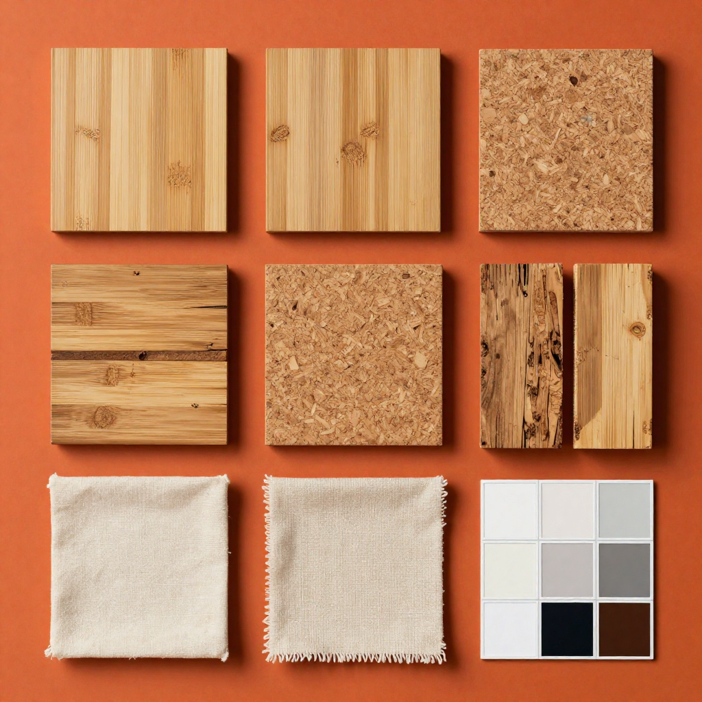 Sustainable interior design material samples including bamboo, cork, and reclaimed wood