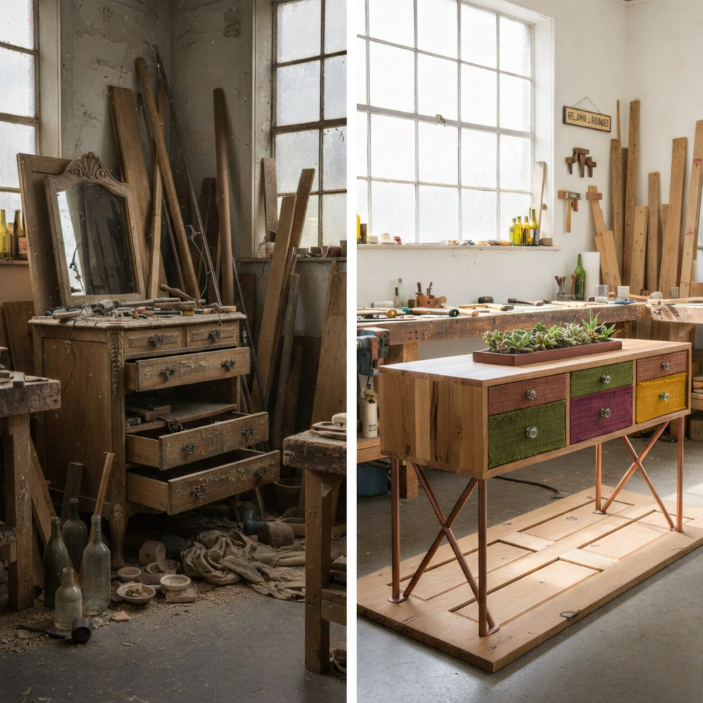 Before and after photos of upcycled furniture project by interior design students