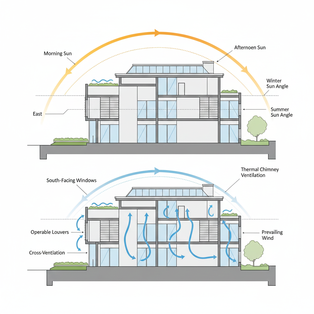 Passive solar design diagram showing optimal window placement for natural lighting