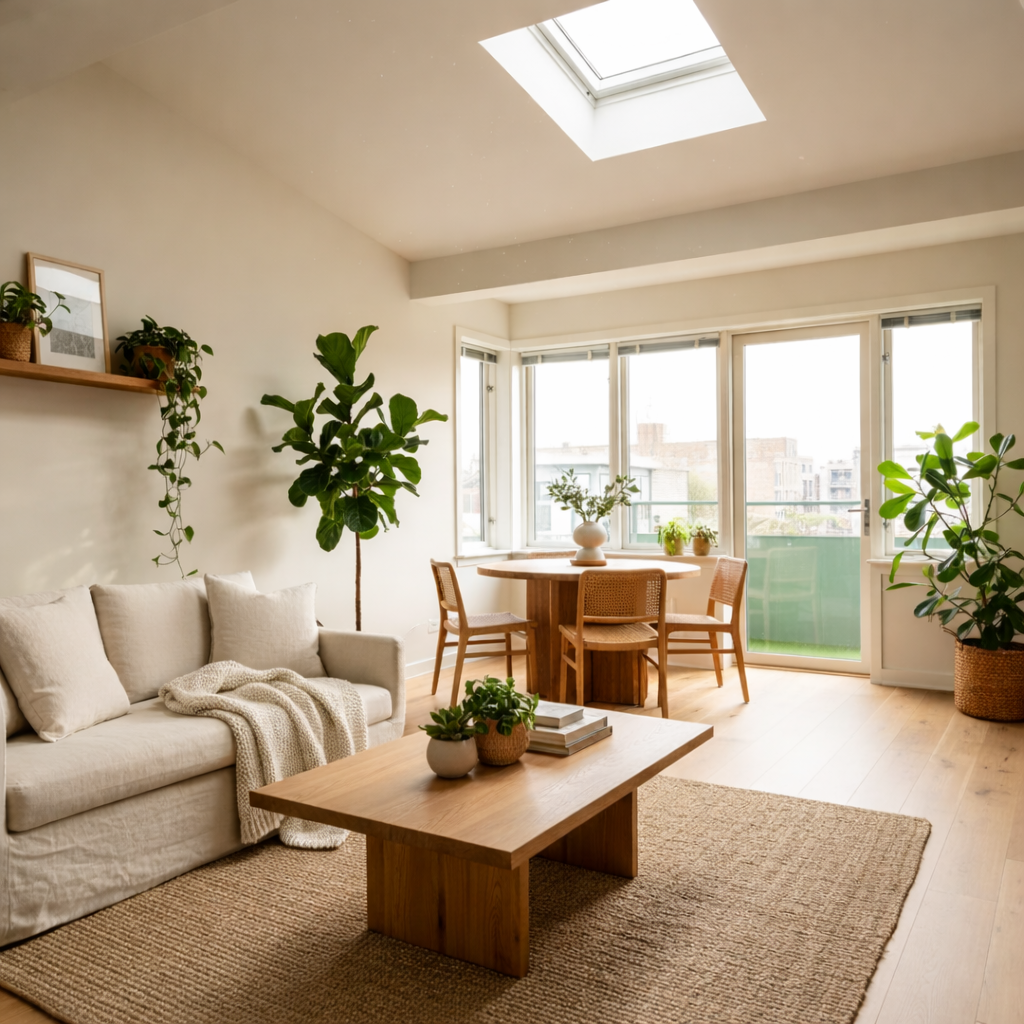 Wellness-focused sustainable interior with natural light and biophilic elements