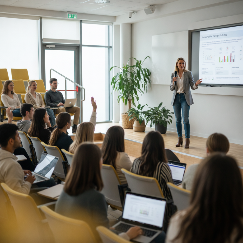 Industry expert presenting sustainable design practices to interior design students