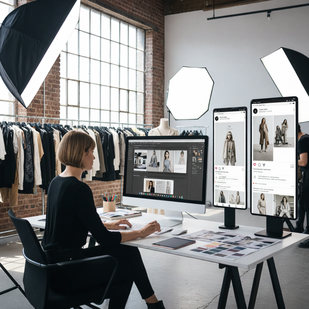 Fashion communication and digital branding work in a fashion design studio.